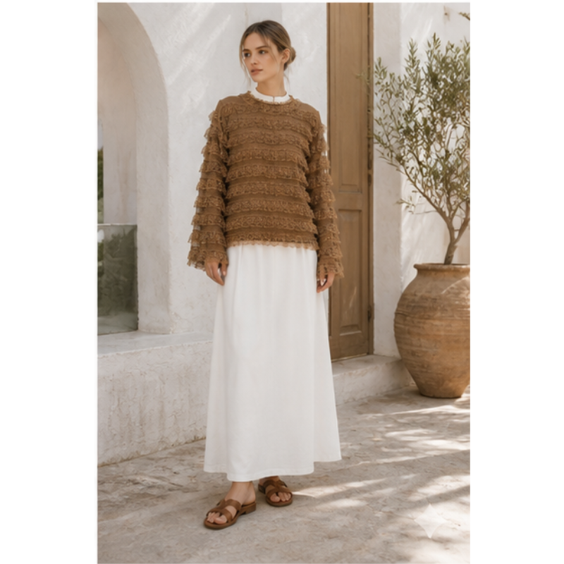 Blouse taupe à volants en dentelle Tsniout — vue 3 — Polyester léger à volants en dentelle