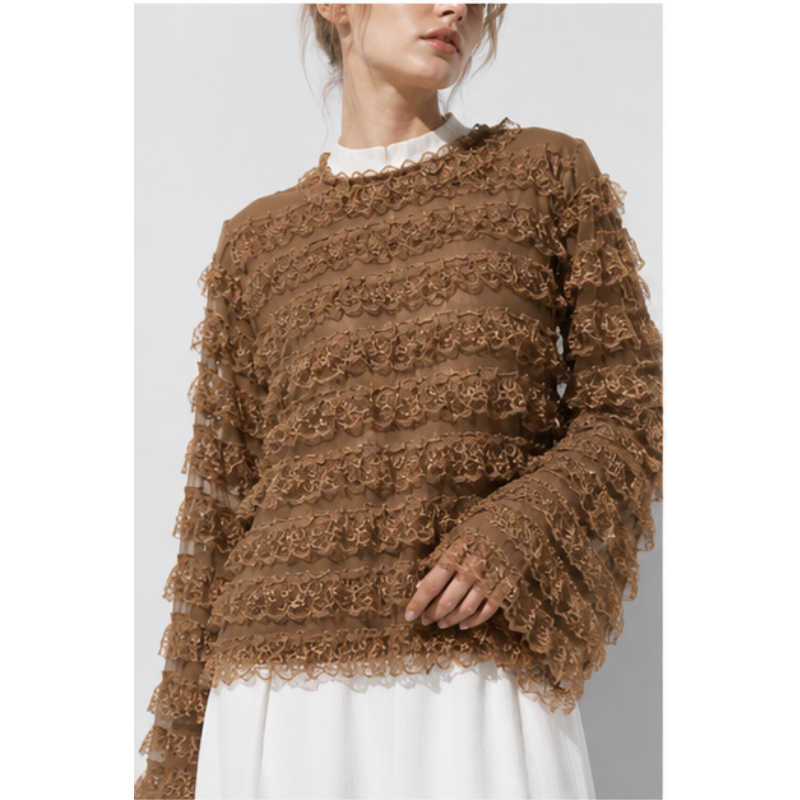 Blouse taupe à volants en dentelle Tsniout — vue 4 — Polyester léger à volants en dentelle