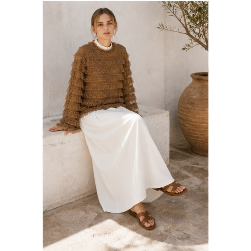 Blouse taupe à volants en dentelle Tsniout — vue 5 — Polyester léger à volants en dentelle