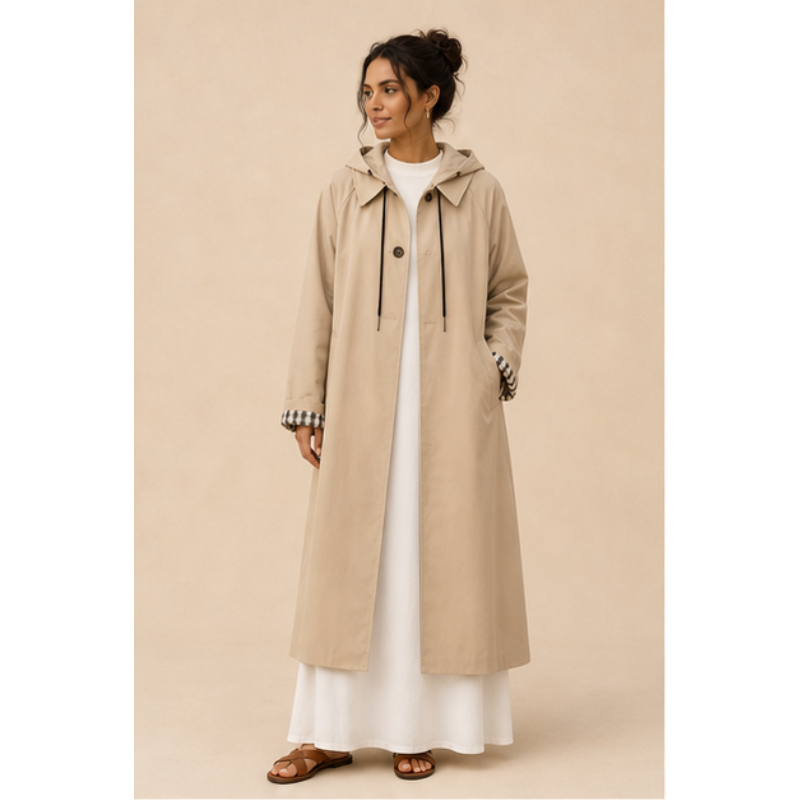 Trench long beige à capuche amovible Tsniout — 100 % polyester léger, respirant et infroissable