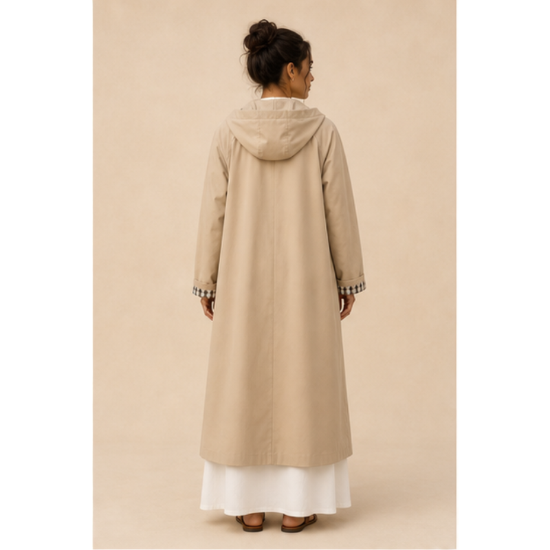 Trench long beige à capuche amovible Tsniout — vue 2 — 100 % polyester léger, respirant et infroissable