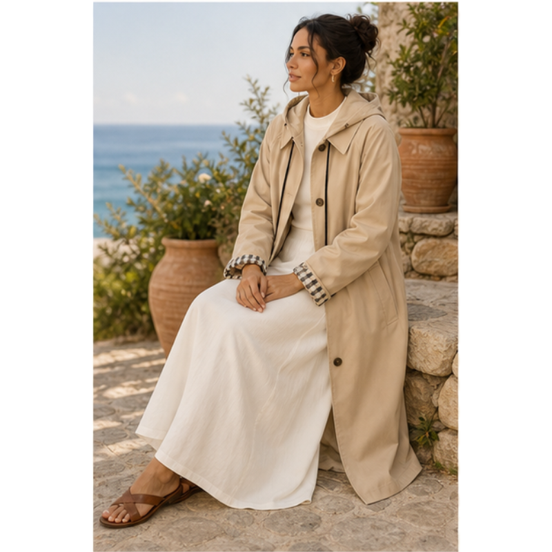 Trench long beige à capuche amovible Tsniout — vue 5 — 100 % polyester léger, respirant et infroissable