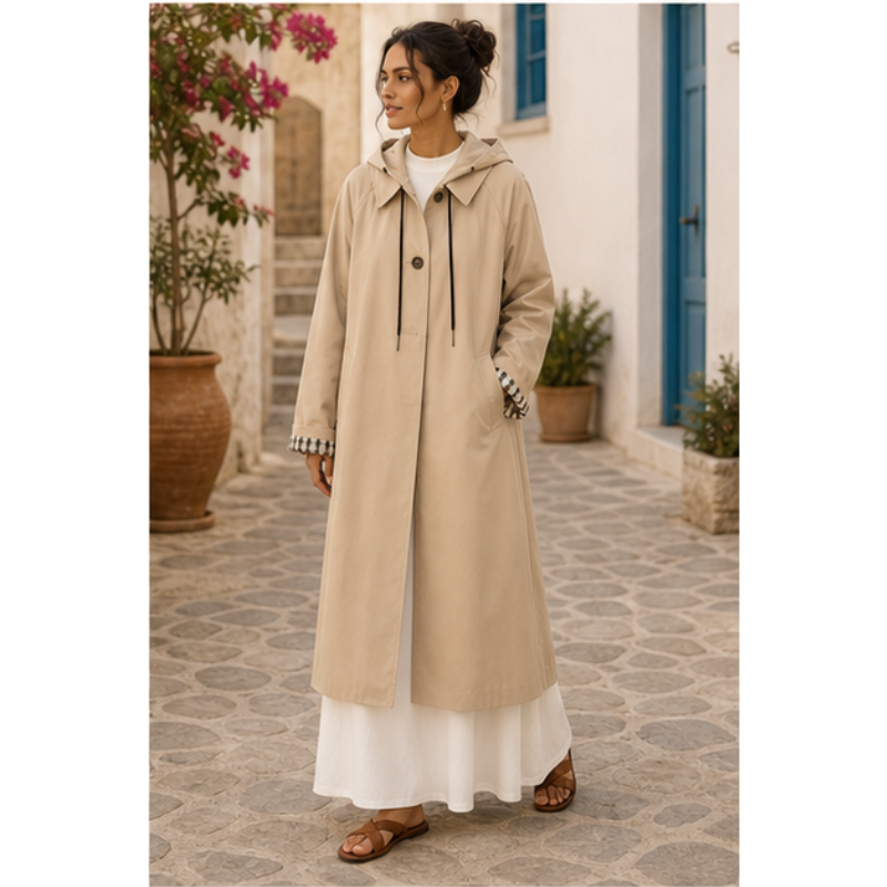 Trench long beige à capuche amovible Tsniout — vue 6 — 100 % polyester léger, respirant et infroissable