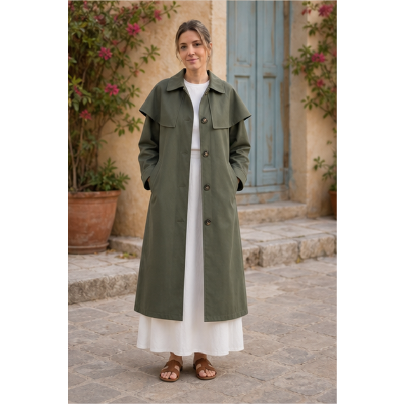 Trench long kaki à pèlerine Tsniout — vue 3 — Polyester léger et résistant