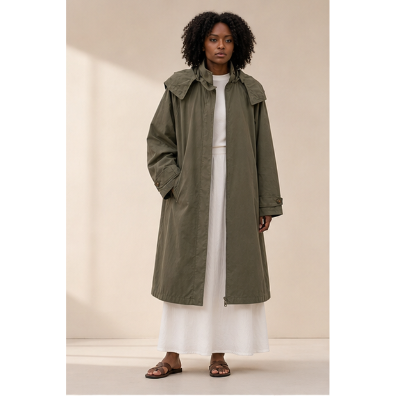 Trench long kaki à capuche en coton Tsniout — 100 % coton léger et respirant