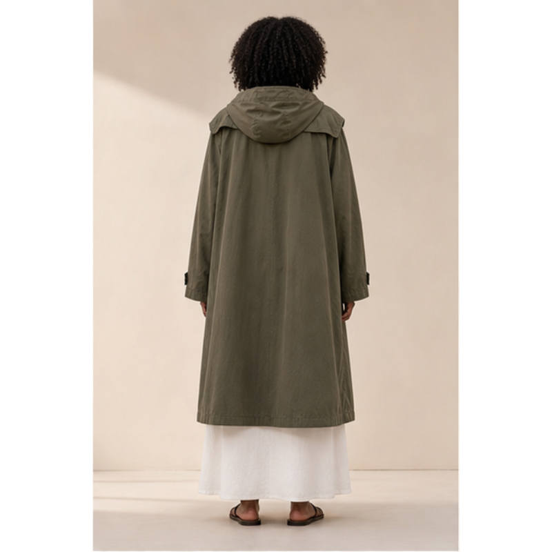 Trench long kaki à capuche en coton Tsniout — vue 2 — 100 % coton léger et respirant