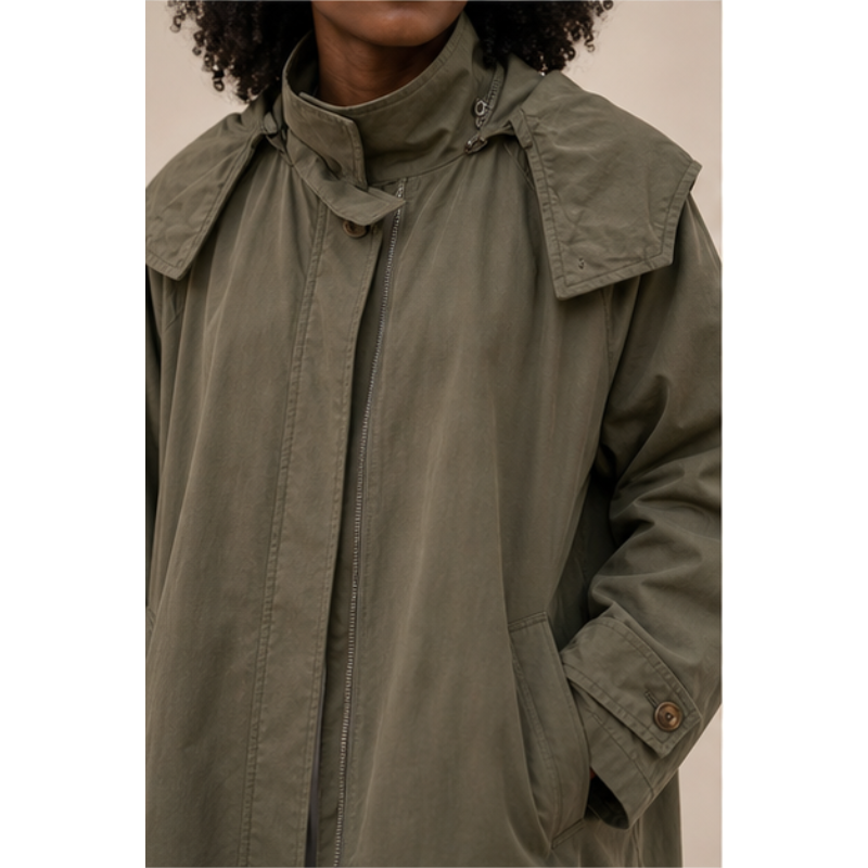 Trench long kaki à capuche en coton Tsniout — vue 4 — 100 % coton léger et respirant