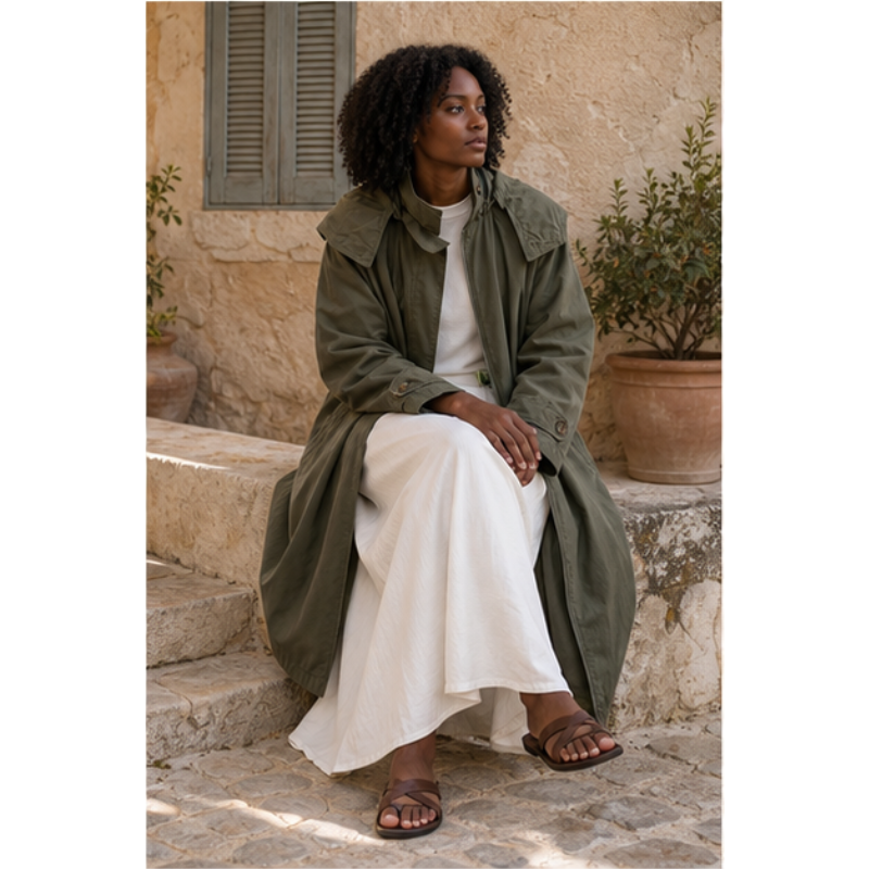 Trench long kaki à capuche en coton Tsniout — vue 5 — 100 % coton léger et respirant