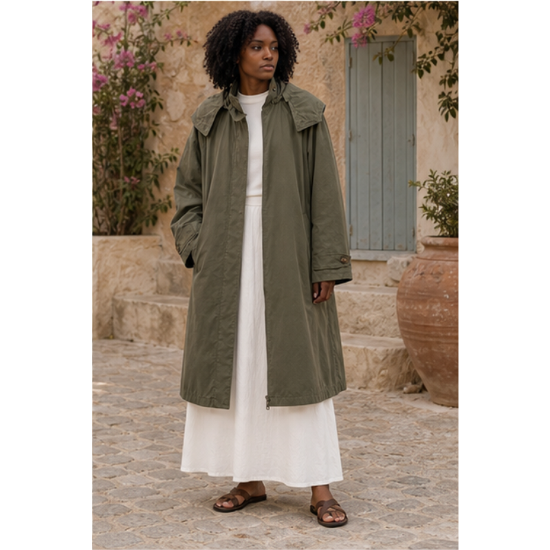 Trench long kaki à capuche en coton Tsniout — vue 6 — 100 % coton léger et respirant