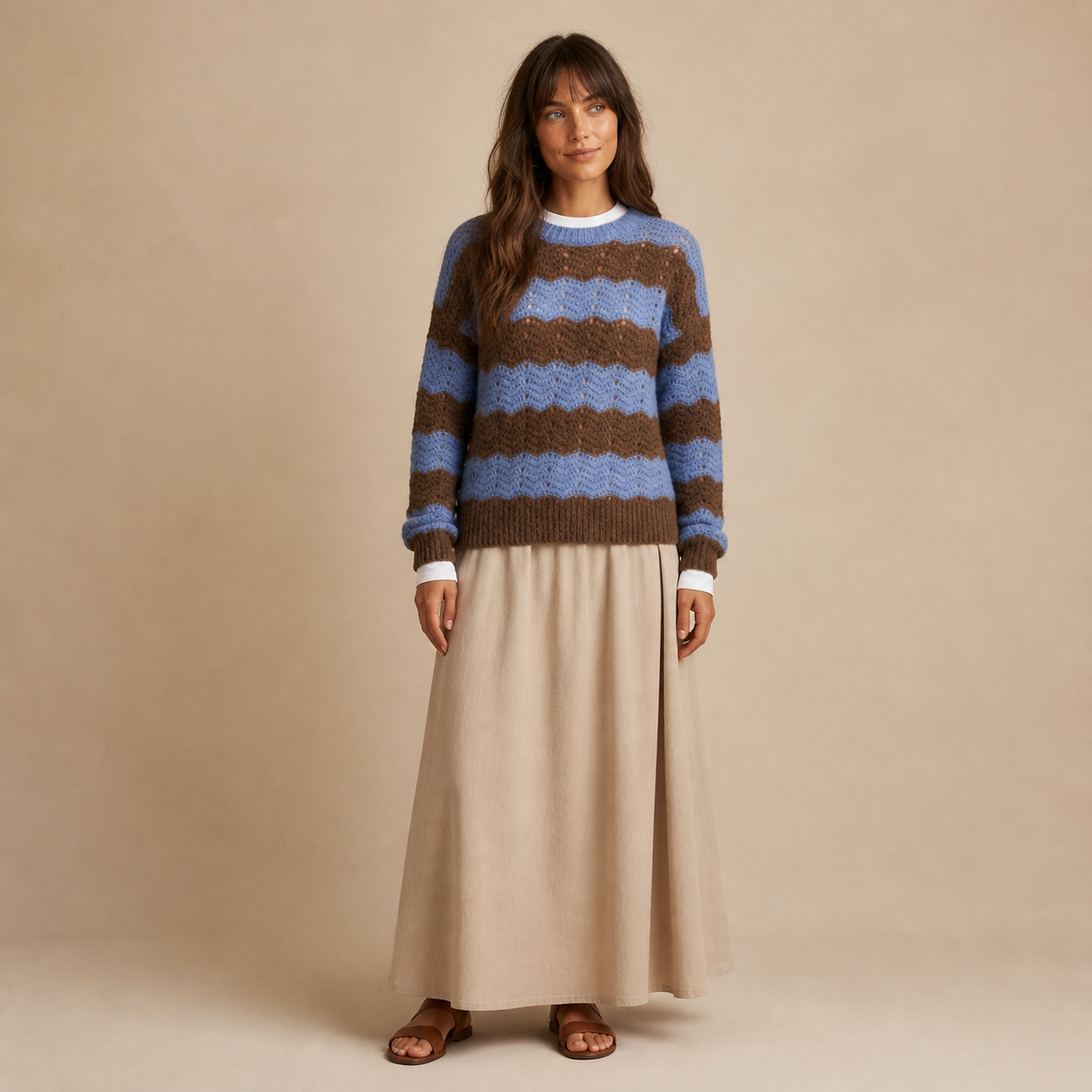 Pull bleu à rayures marron Tsniout — Maille texturée, rayures bleues et marron