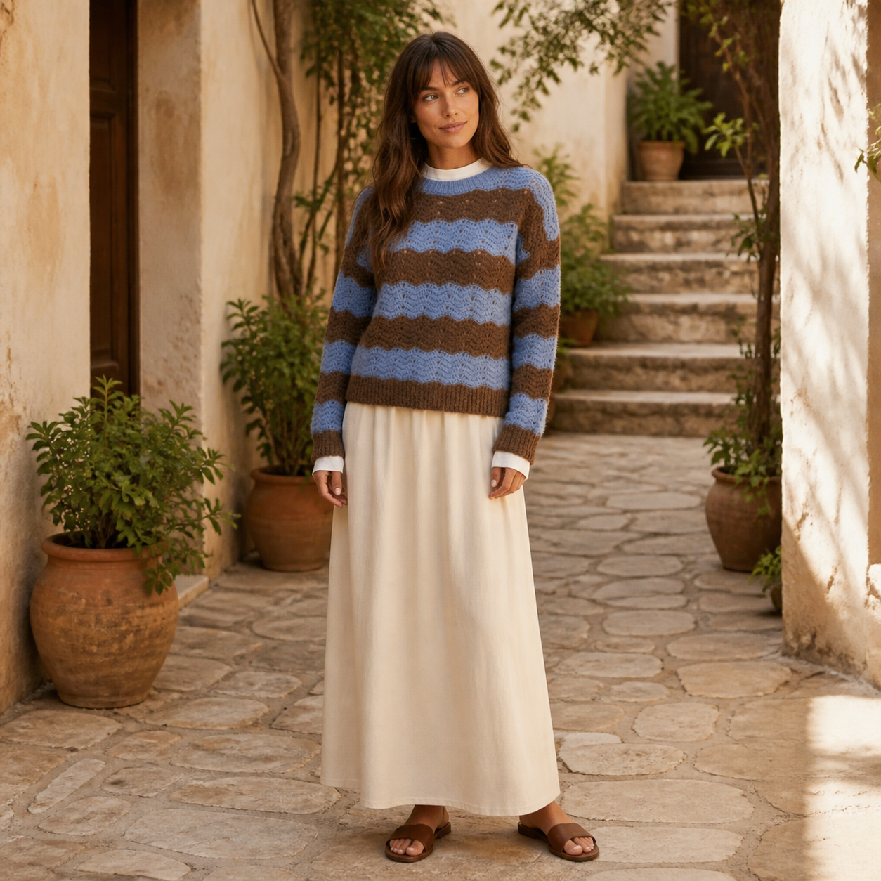 Pull bleu à rayures marron Tsniout — vue 6 — Maille texturée, rayures bleues et marron