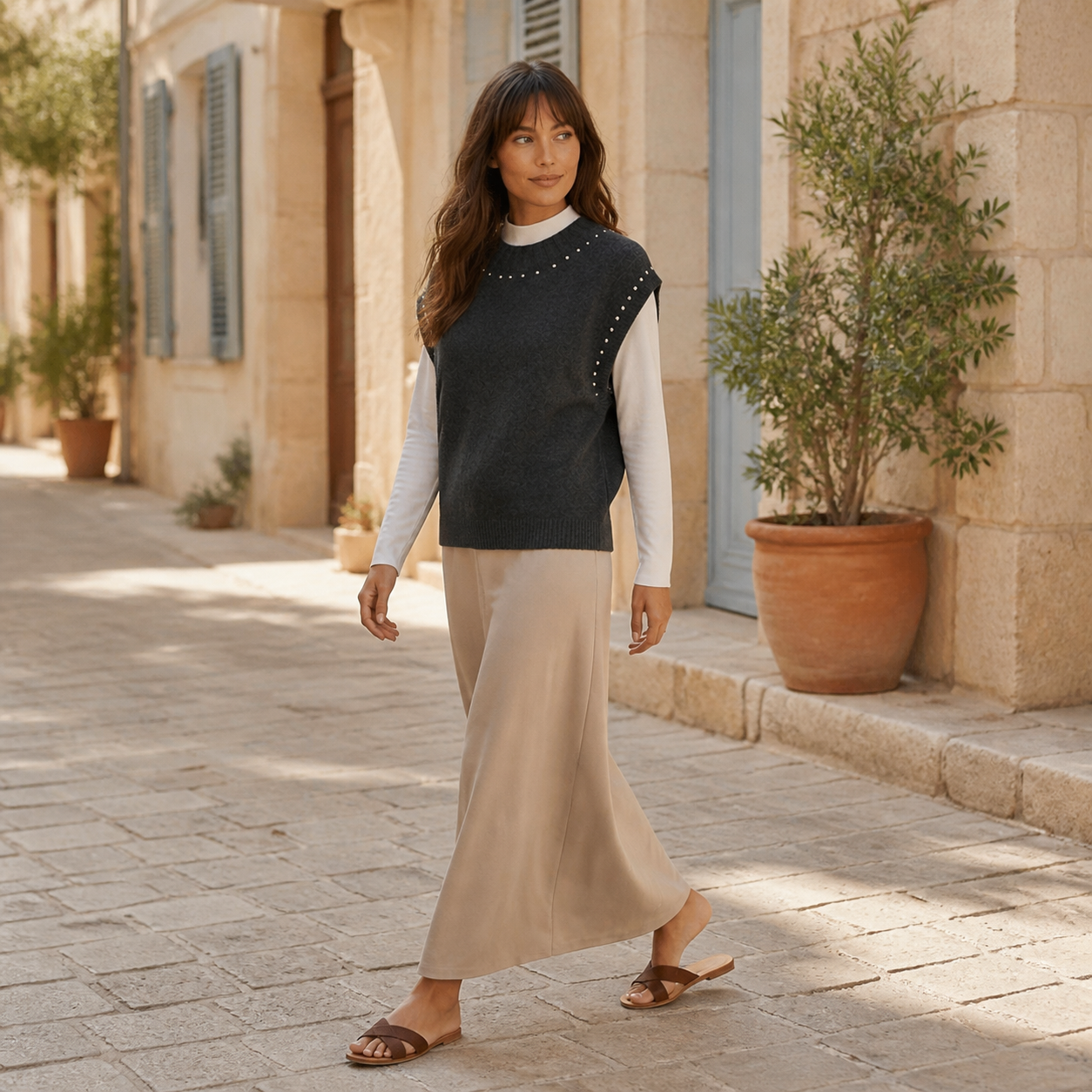 Pull gris anthracite sans manches à clous Tsniout — vue 3 — Polyester recyclé 65 %, acrylique 13 %, polyamide 13 %, laine 6 %, éla
