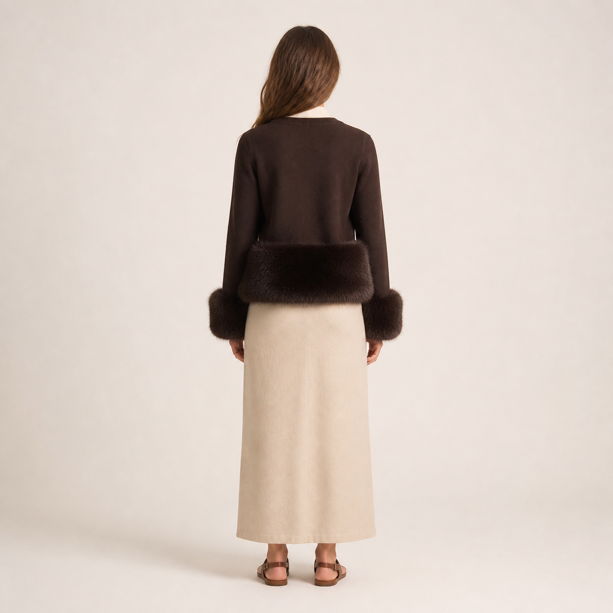 Gilet café à bordures fausse fourrure Tsniout — vue 2 — Acrylique 42 %, polyamide 30 %, polyester 28 %