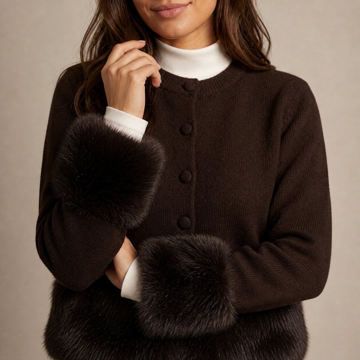 Gilet café à bordures fausse fourrure Tsniout — vue 4 — Acrylique 42 %, polyamide 30 %, polyester 28 %