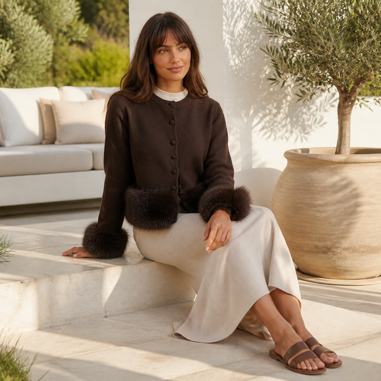 Gilet café à bordures fausse fourrure Tsniout — vue 5 — Acrylique 42 %, polyamide 30 %, polyester 28 %