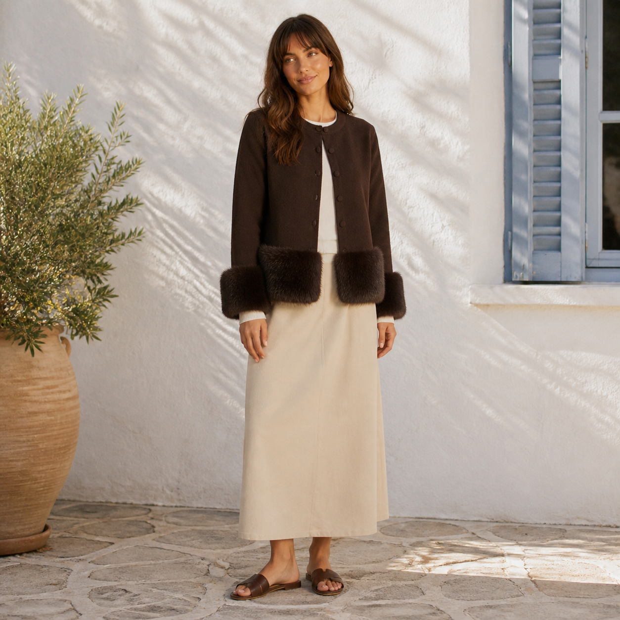 Gilet café à bordures fausse fourrure Tsniout — vue 6 — Acrylique 42 %, polyamide 30 %, polyester 28 %