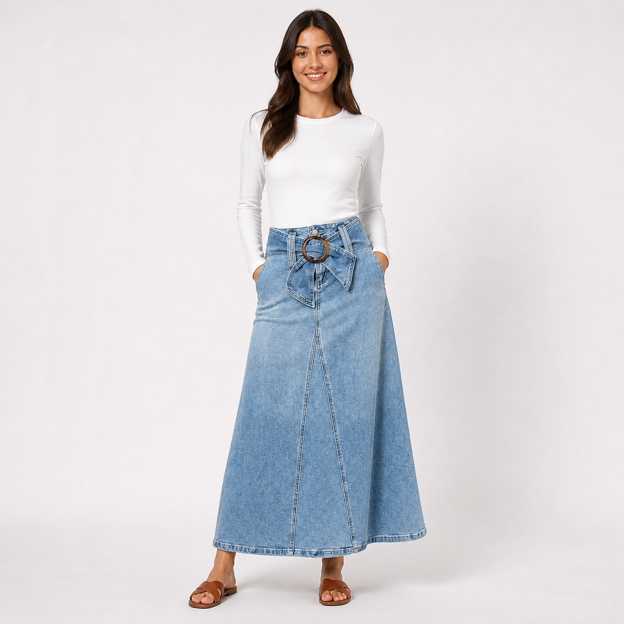 Jupe longue denim bleu à boucle Tsniout — Denim fluide opaque, coton majoritaire