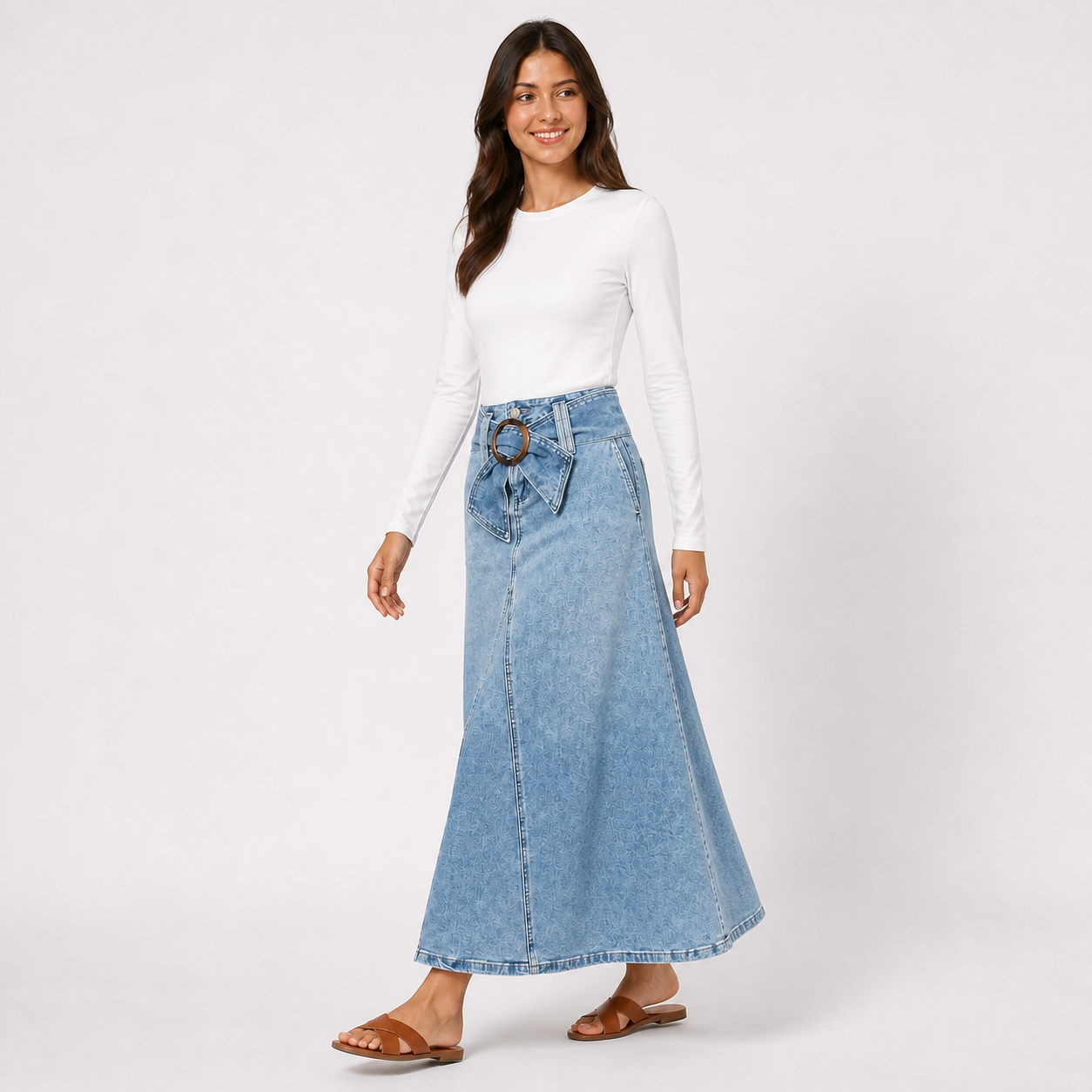 Jupe longue denim bleu à boucle Tsniout — vue 3 — Denim fluide opaque, coton majoritaire