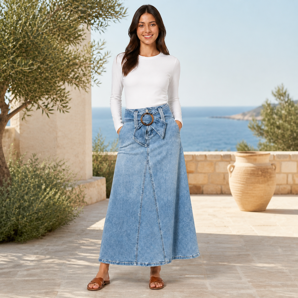 Jupe longue denim bleu à boucle Tsniout — vue 6 — Denim fluide opaque, coton majoritaire