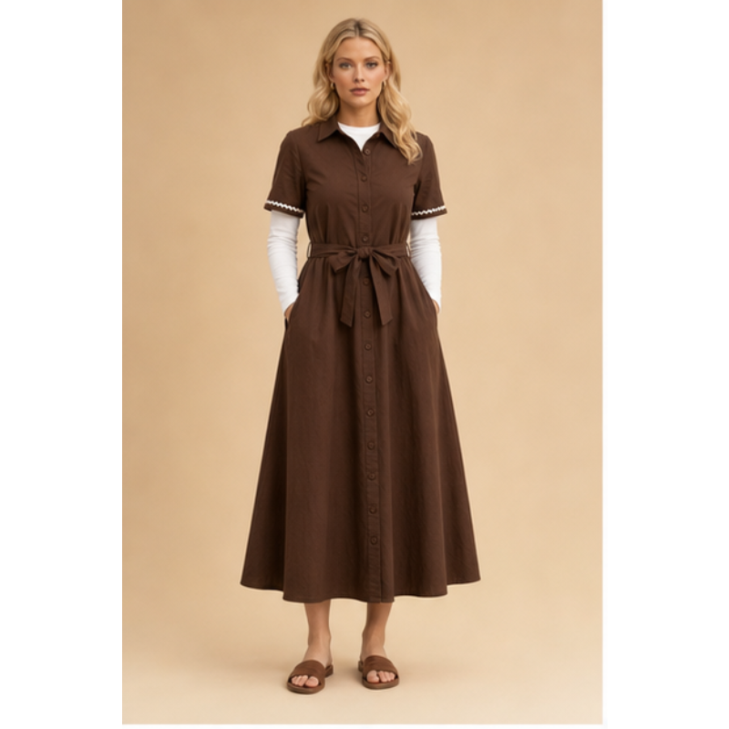 Robe longue chocolat chemise ceinturée Tsniout — Matière souple en coton mélangé
