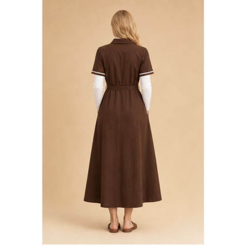Robe longue chocolat chemise ceinturée Tsniout — vue 2 — Matière souple en coton mélangé