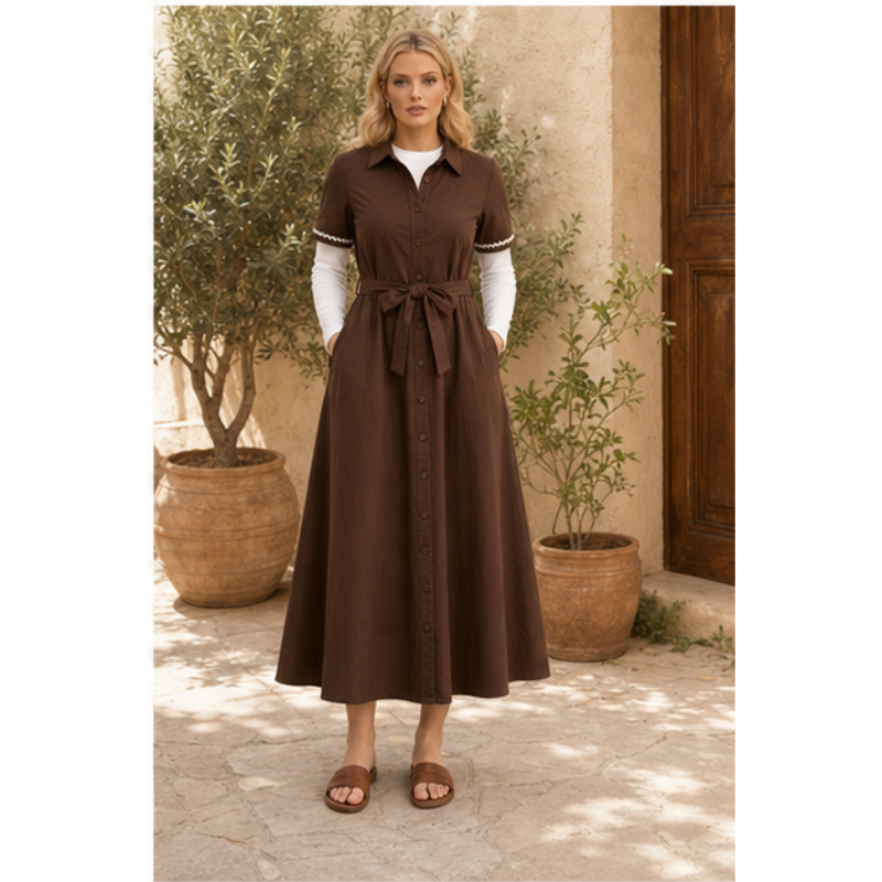Robe longue chocolat chemise ceinturée Tsniout — vue 3 — Matière souple en coton mélangé