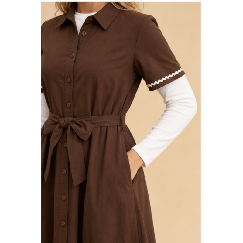 Robe longue chocolat chemise ceinturée Tsniout — vue 4 — Matière souple en coton mélangé