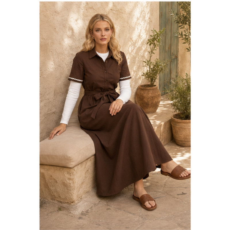Robe longue chocolat chemise ceinturée Tsniout — vue 5 — Matière souple en coton mélangé