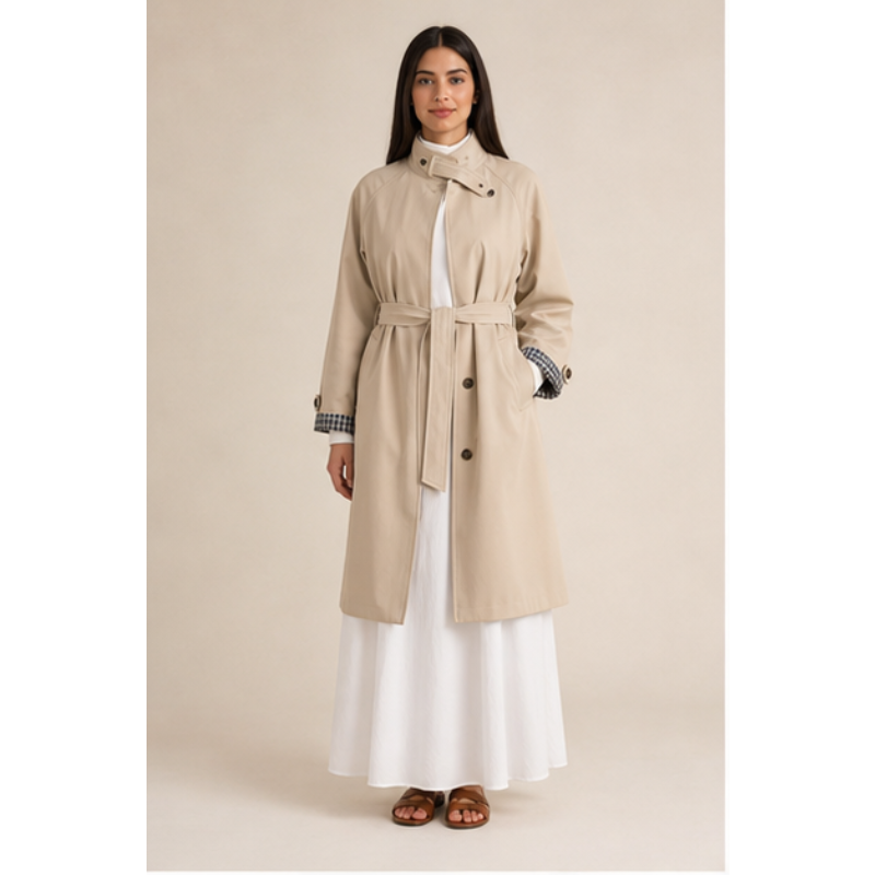 Trench mi-long beige ceinturé Tsniout — Matière souple au tombé fluide