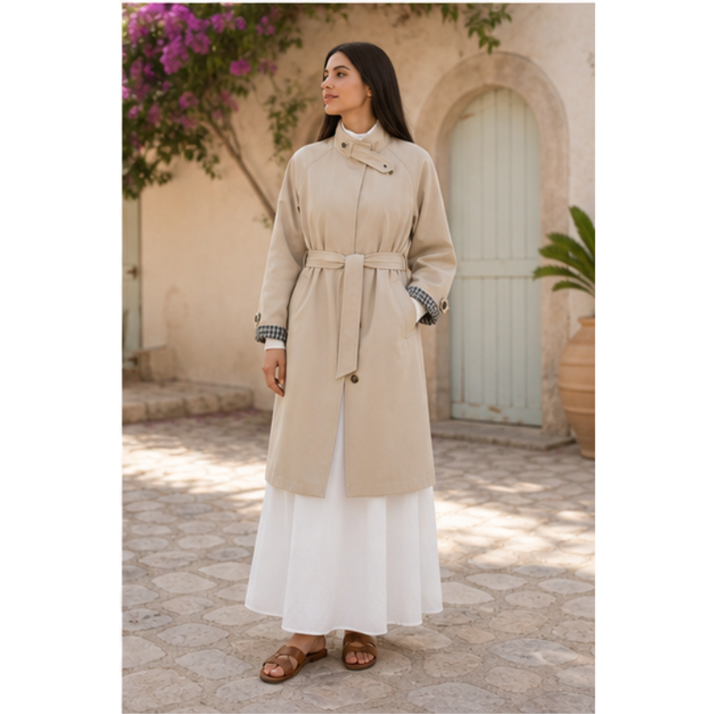Trench mi-long beige ceinturé Tsniout — vue 3 — Matière souple au tombé fluide