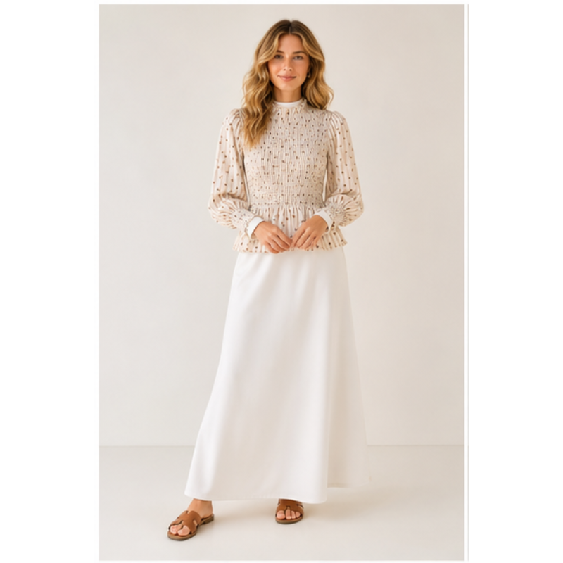 Blouse crème à pois chocolat smockée Tsniout — Tissu léger plissé à pois