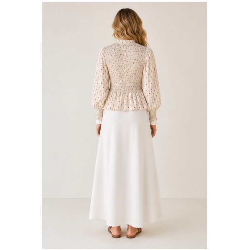 Blouse crème à pois chocolat smockée Tsniout — vue 2 — Tissu léger plissé à pois