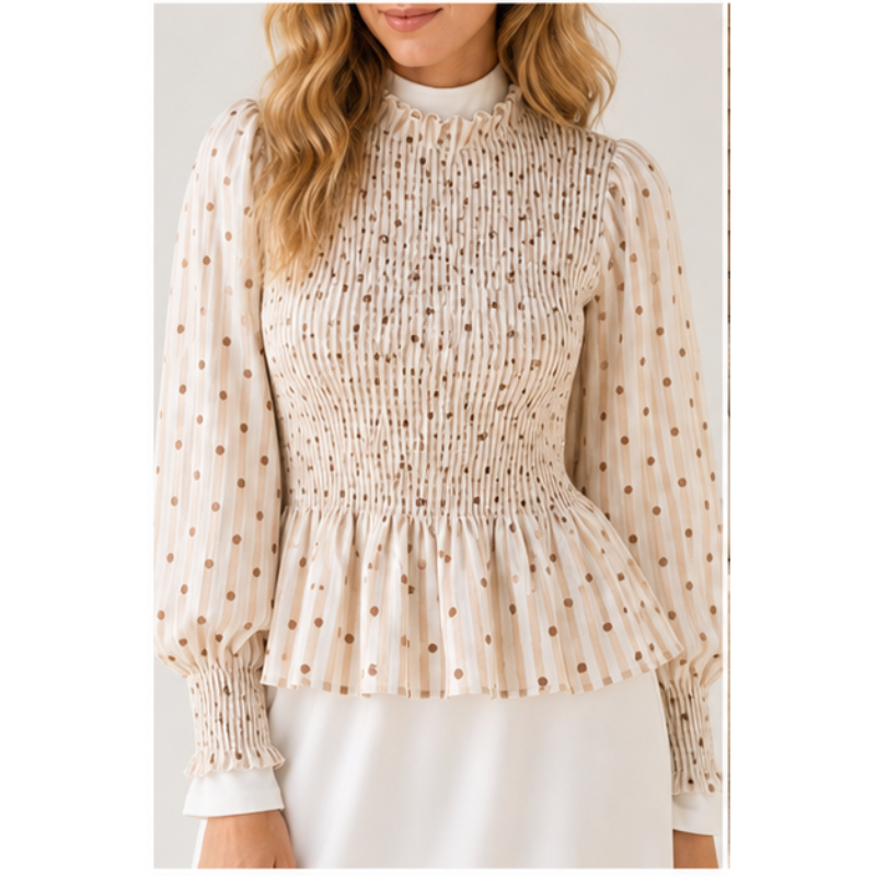 Blouse crème à pois chocolat smockée Tsniout — vue 4 — Tissu léger plissé à pois