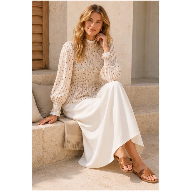 Blouse crème à pois chocolat smockée Tsniout — vue 5 — Tissu léger plissé à pois