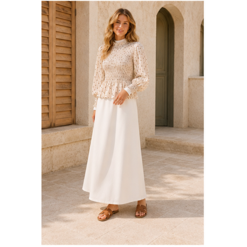 Blouse crème à pois chocolat smockée Tsniout — vue 6 — Tissu léger plissé à pois