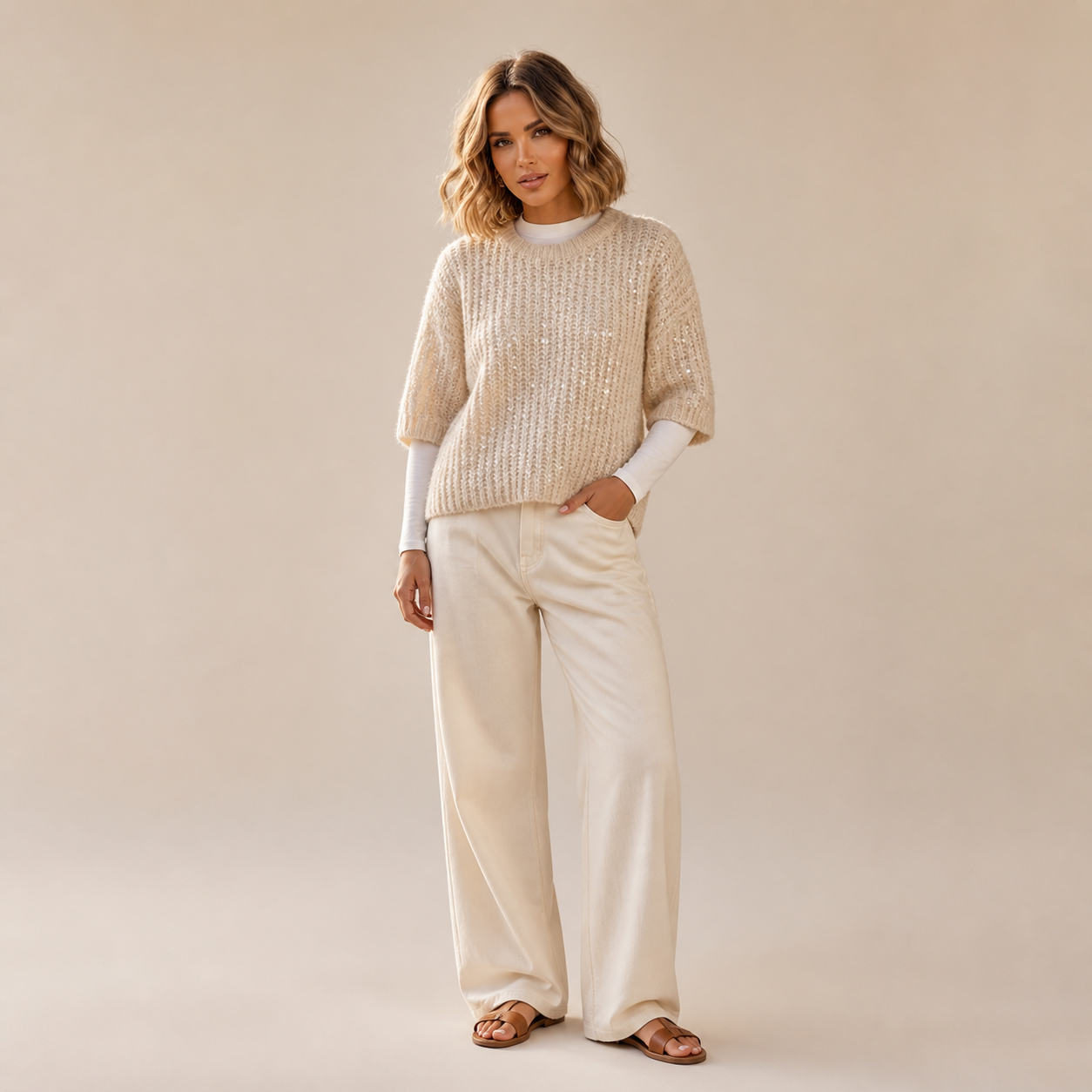 Pull beige en maille pailletée Tsniout — Maille douce avec sequins intégrés