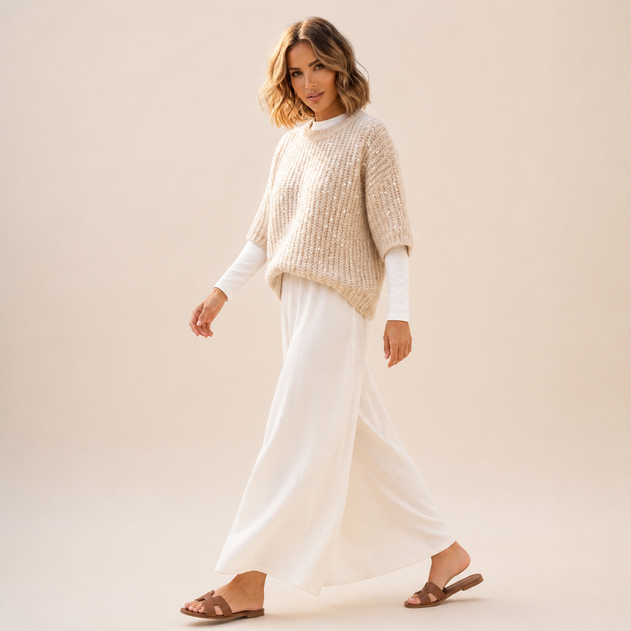Pull beige en maille pailletée Tsniout — vue 3 — Maille douce avec sequins intégrés