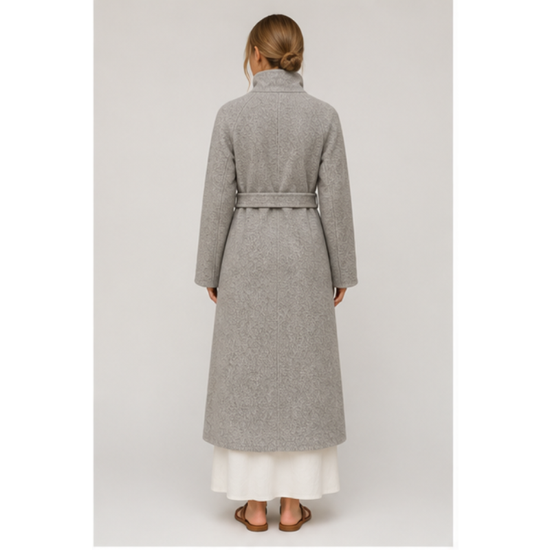 Manteau long gris ceinturé Tsniout — vue 2 — Drap texturé gris, coupe longue ceinturée