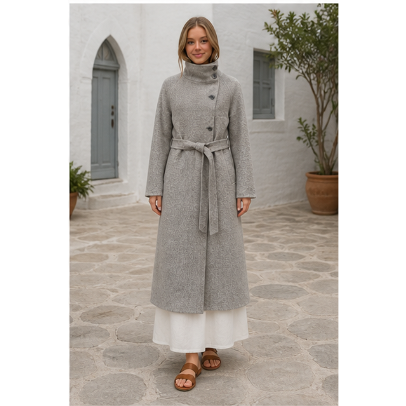 Manteau long gris ceinturé Tsniout — vue 3 — Drap texturé gris, coupe longue ceinturée