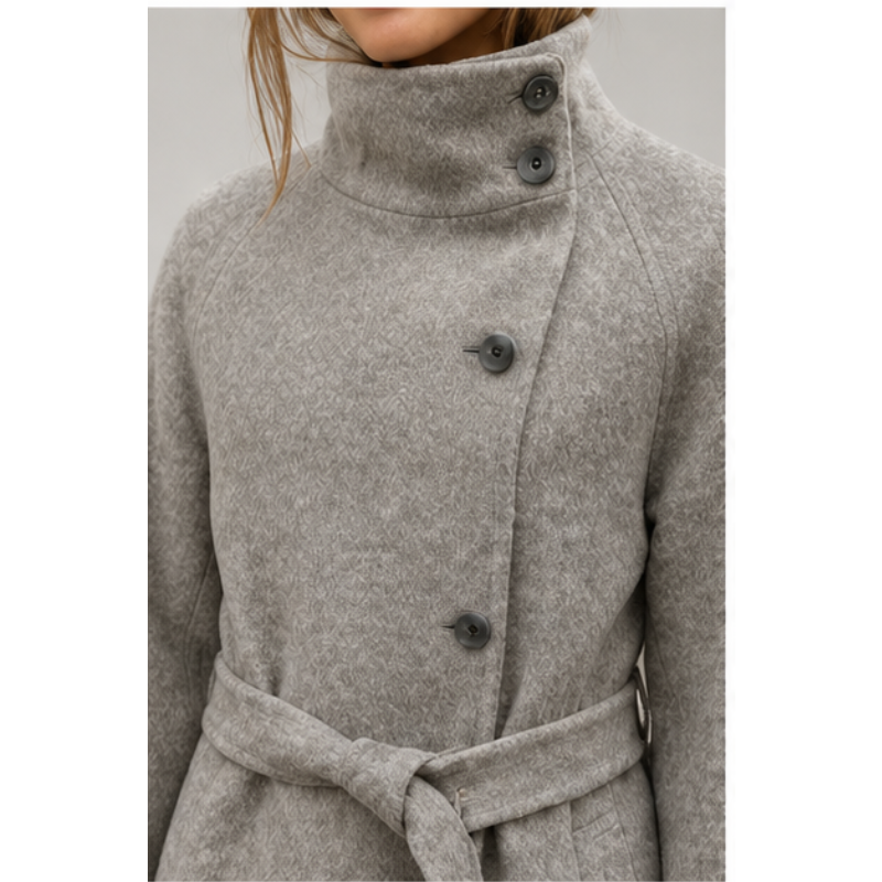 Manteau long gris ceinturé Tsniout — vue 4 — Drap texturé gris, coupe longue ceinturée