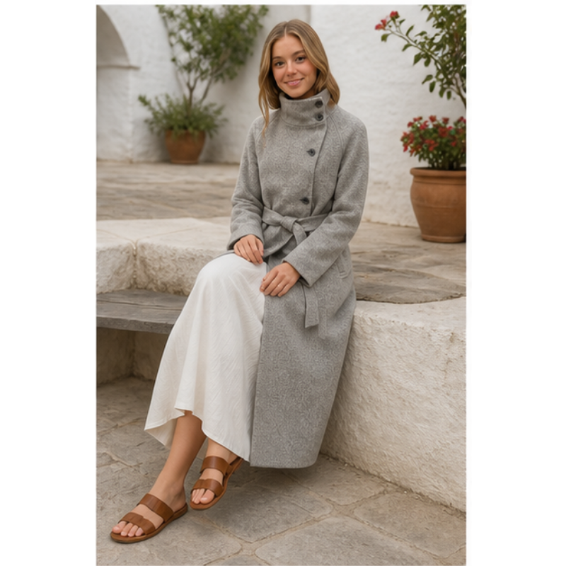 Manteau long gris ceinturé Tsniout — vue 5 — Drap texturé gris, coupe longue ceinturée