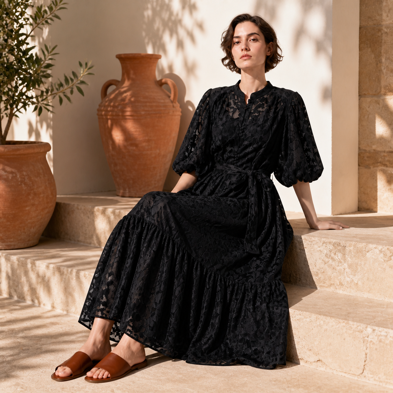 Robe longue noire en dentelle fleurie Tsniout — vue 5 — Dentelle florale opaque doublée, coupe longue et fluide