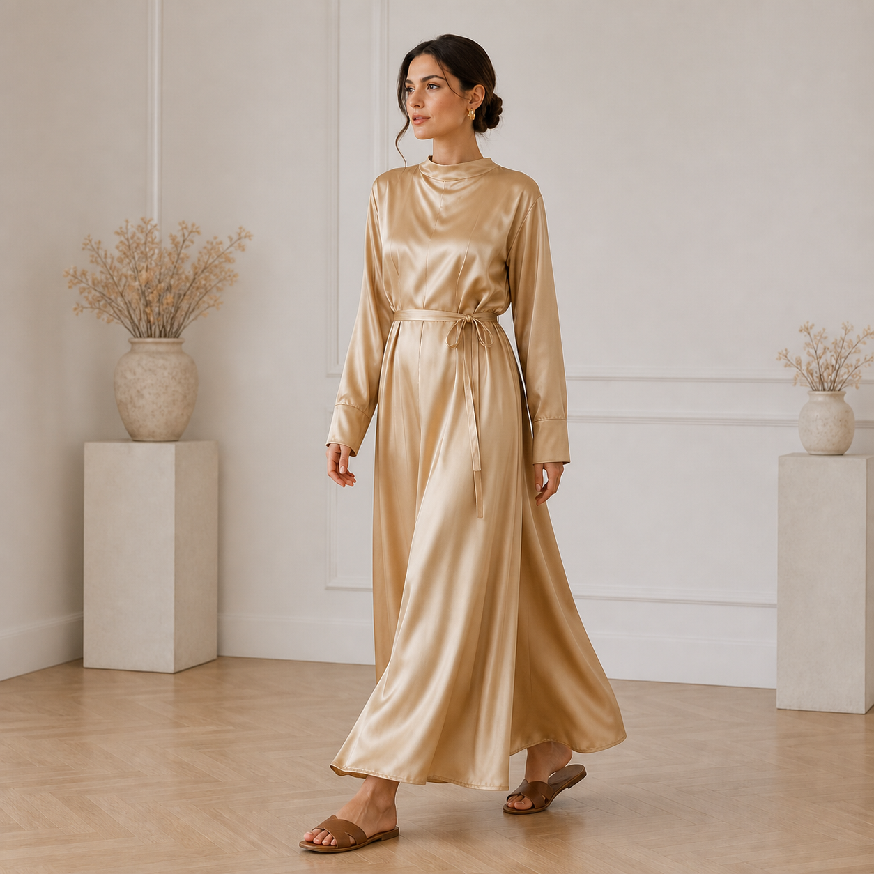 Robe longue beige satinée à col montant Tsniout — vue 3 — 100 % polyester satiné