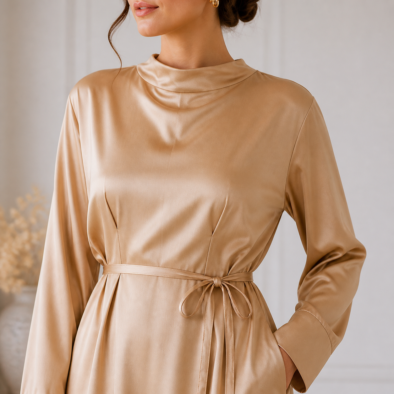 Robe longue beige satinée à col montant Tsniout — vue 4 — 100 % polyester satiné