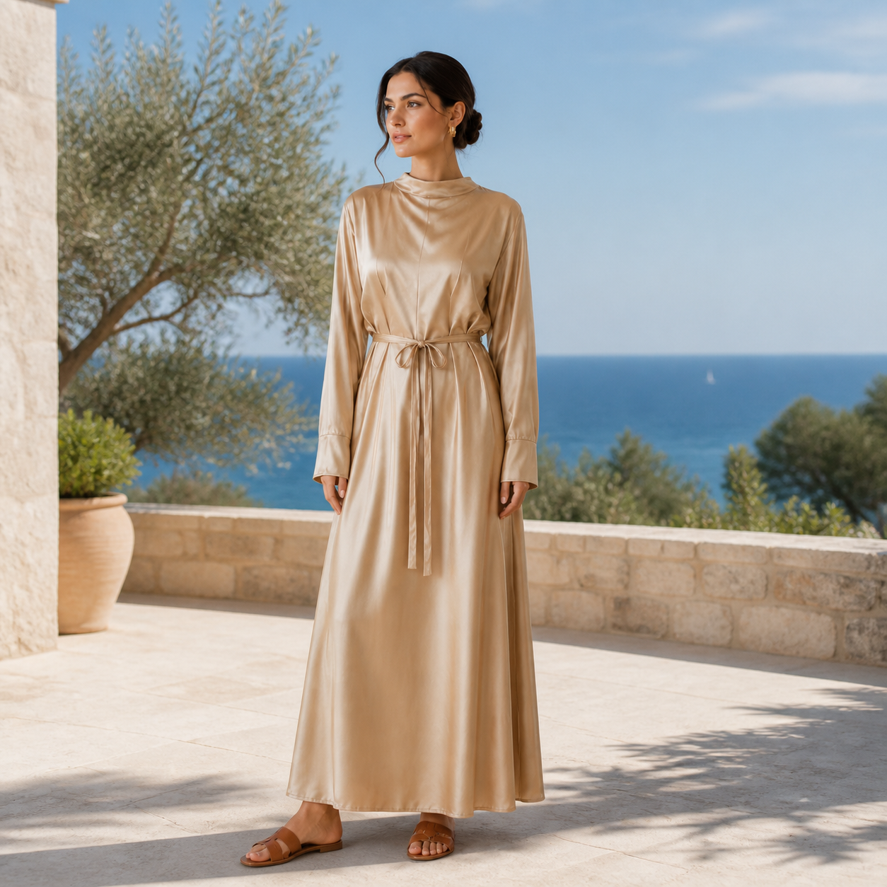 Robe longue beige satinée à col montant Tsniout — vue 6 — 100 % polyester satiné