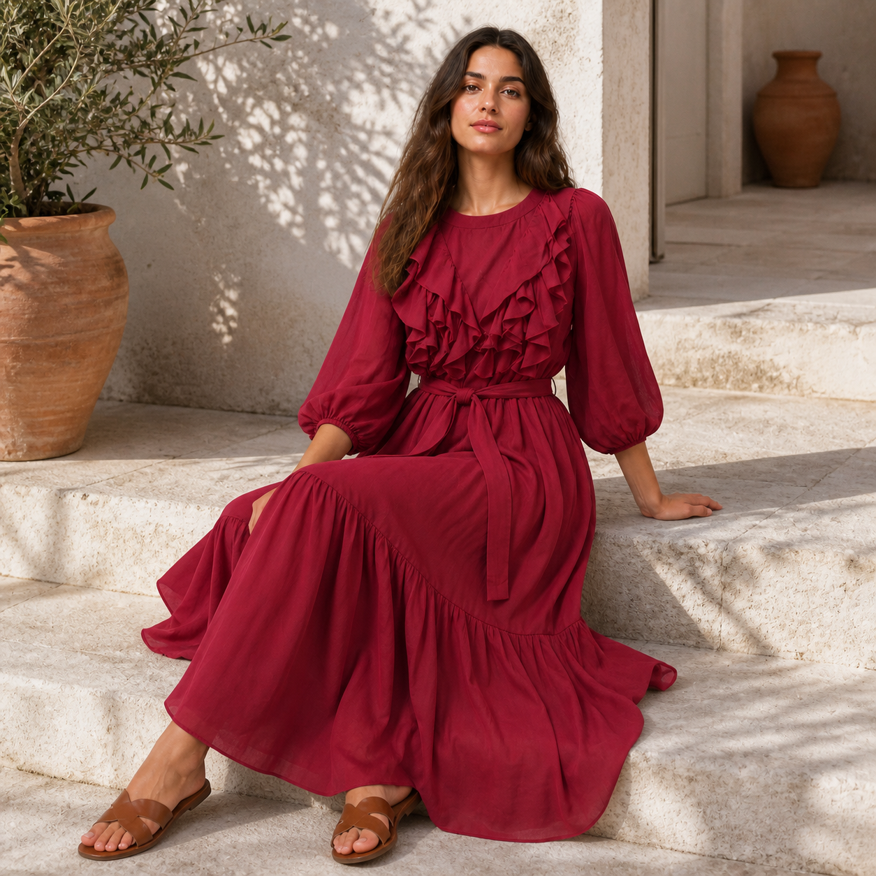 Robe longue bordeaux à volants Tsniout — vue 5 — Tissu fluide, volants superposés et manches bouffantes