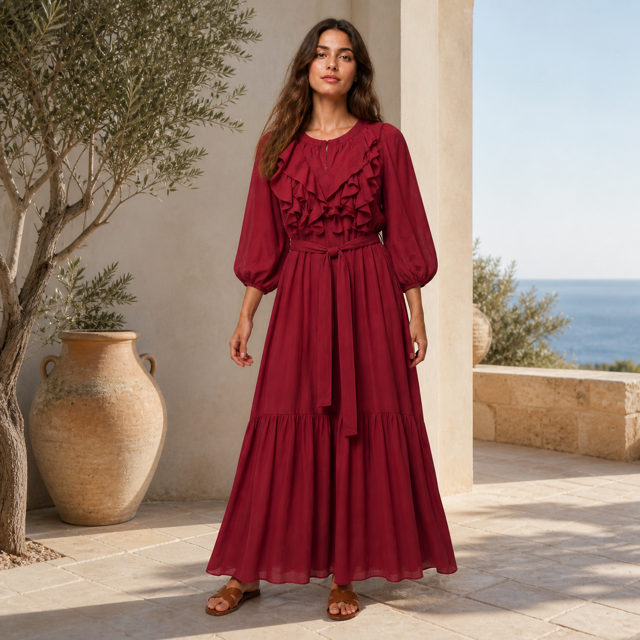 Robe longue bordeaux à volants Tsniout — vue 6 — Tissu fluide, volants superposés et manches bouffantes
