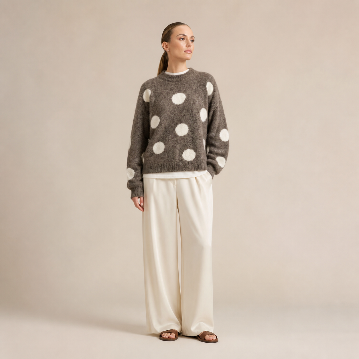 Pull marron à pois écrus Tsniout — Maille douce recyclée, mélange polyester et laine