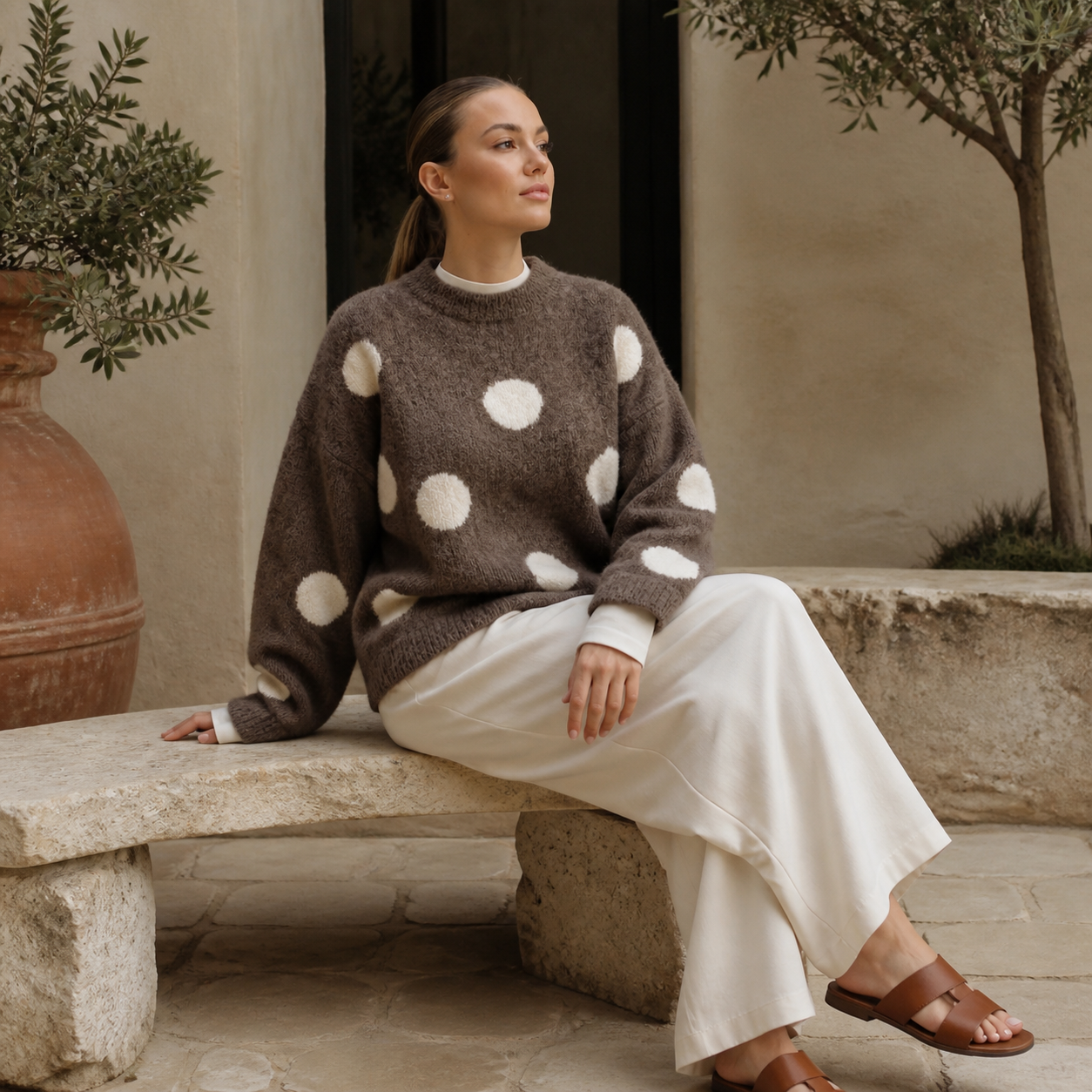 Pull marron à pois écrus Tsniout — vue 5 — Maille douce recyclée, mélange polyester et laine