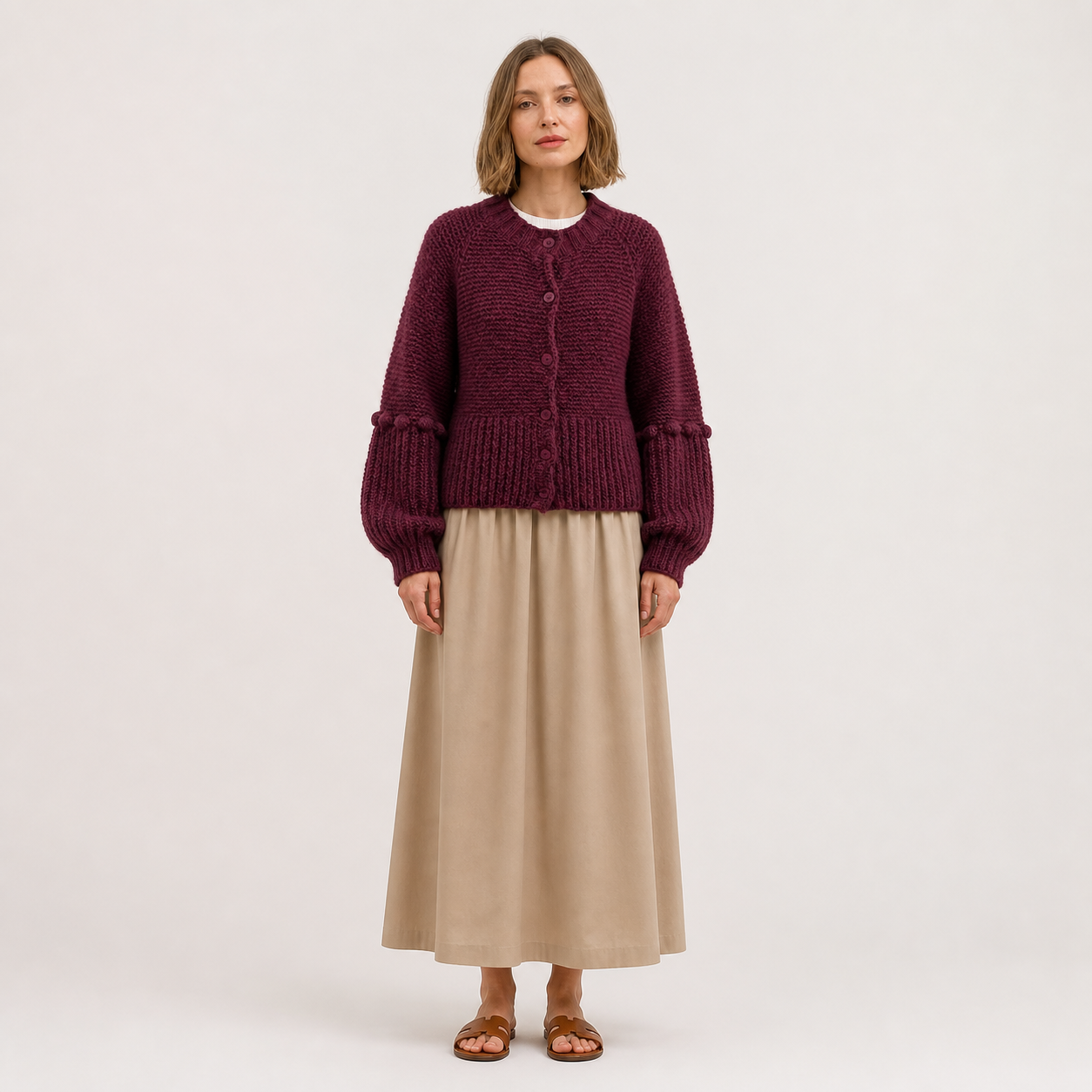 Gilet bordeaux en grosse maille à pompons Tsniout — Polyester 100 %, grosse maille